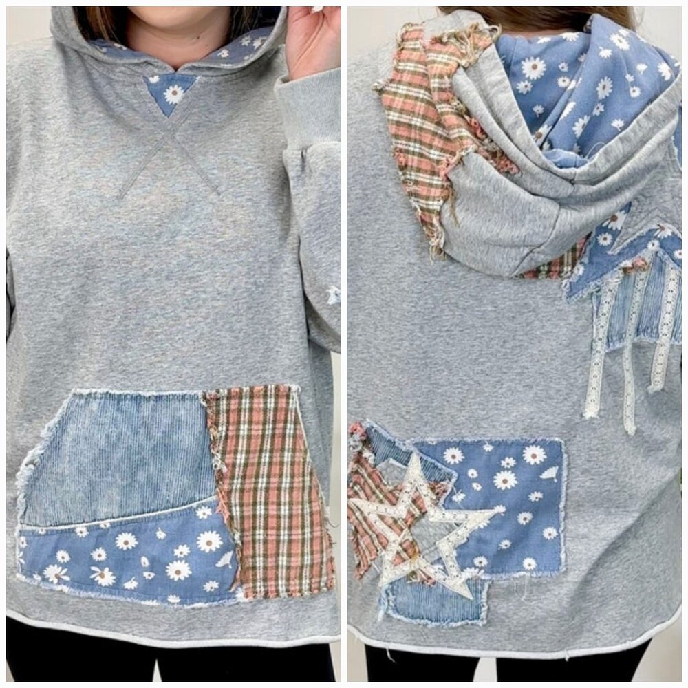 Oversized Patchwork Star Hoodie Washed Terry Boho Back to School Sweatshirt